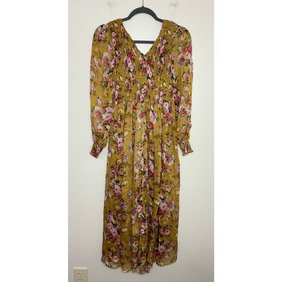 OPT Anthropologie Wick Dress Yellow Smocked Chiffon Floral Sheen Romantic, M - Picture 6 of 12